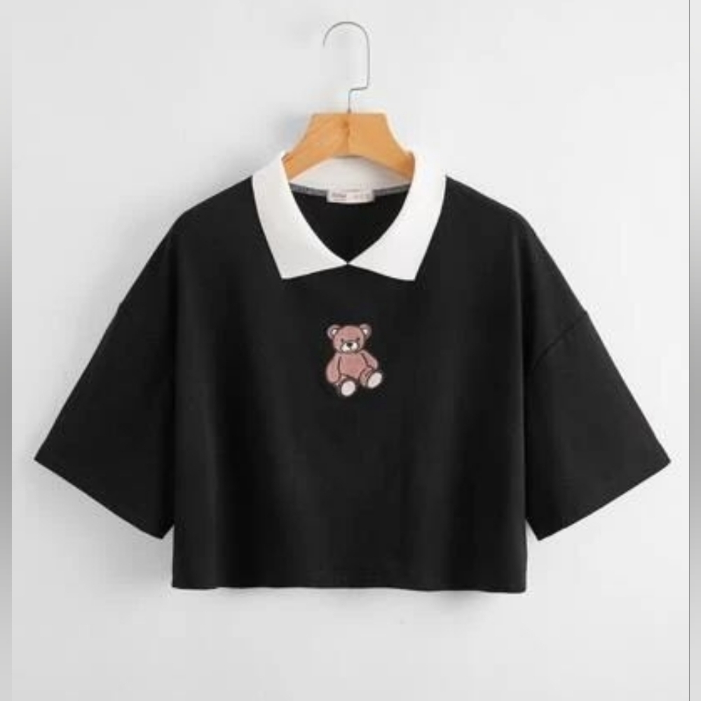 ROMWE Black Cropped Polo with Teddy Bear Design